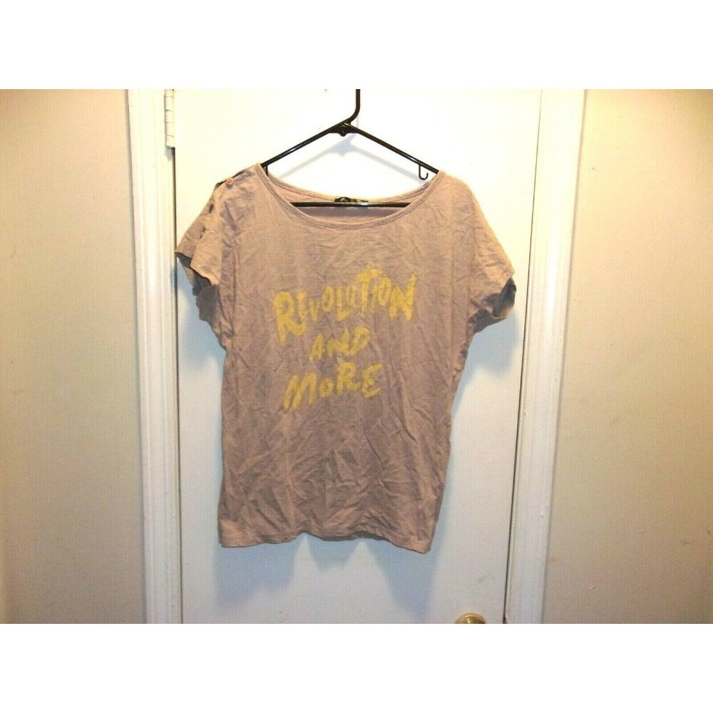 Mim Women Beige Revolution and More Graphic T-Shirt Button Slit Sleeve Small